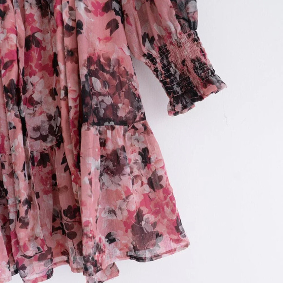 Rachel Parcell Floral Print Ruffle Chiffon  Blouson Maroon Midi Dress 4 - Picture 4 of 14